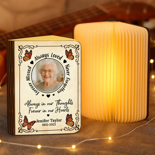 Personalized Memorial Book Lamp - "Always Loved, Never Forgotten" with custom photo.