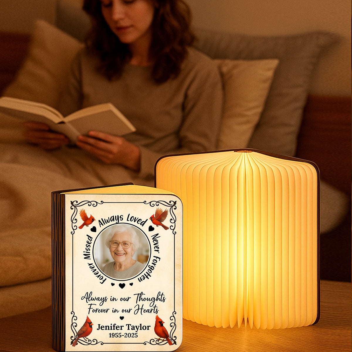 Personalized Memorial Book Lamp - "Always Loved, Never Forgotten" with custom photo.