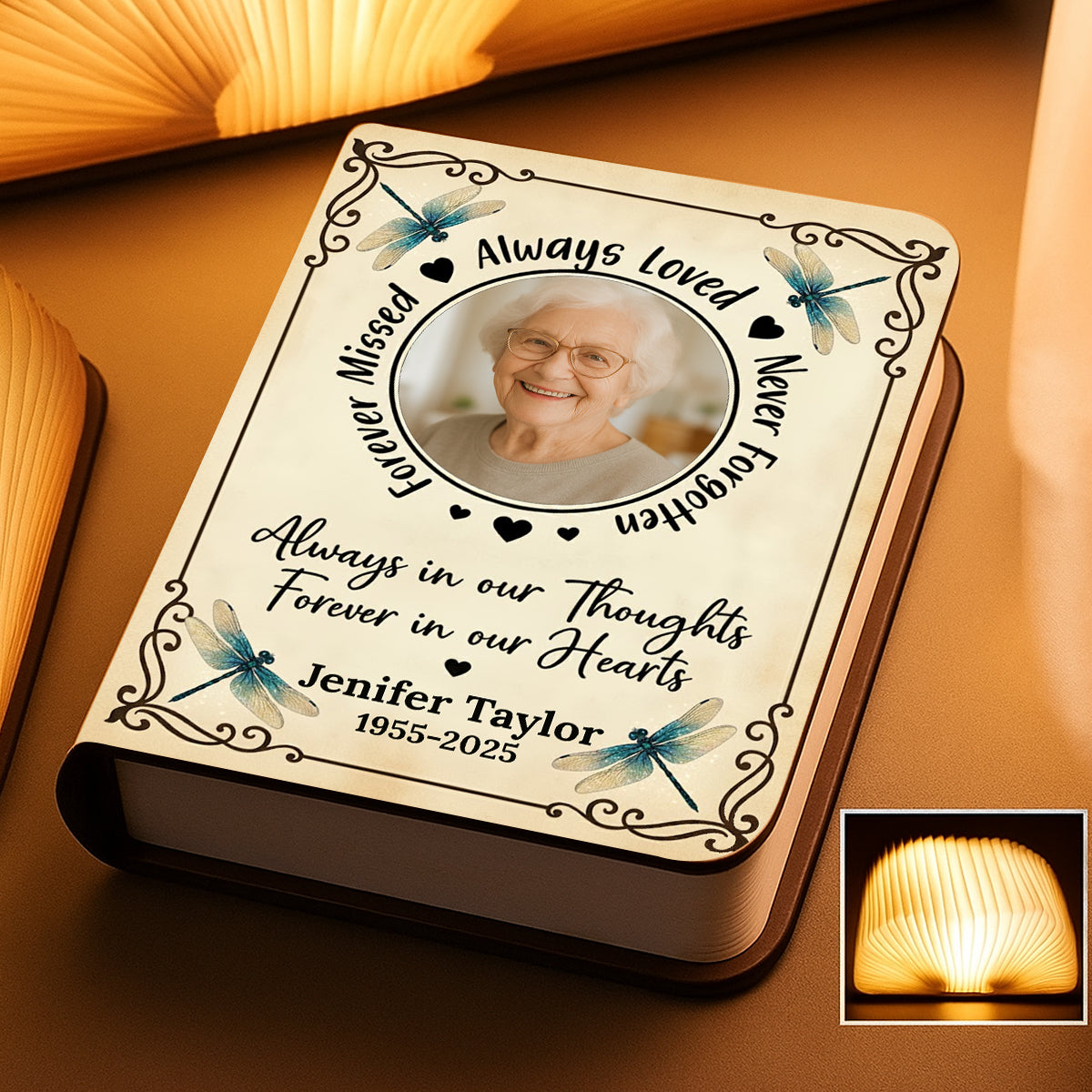 Personalized Memorial Book Lamp - "Always Loved, Never Forgotten" with custom photo.