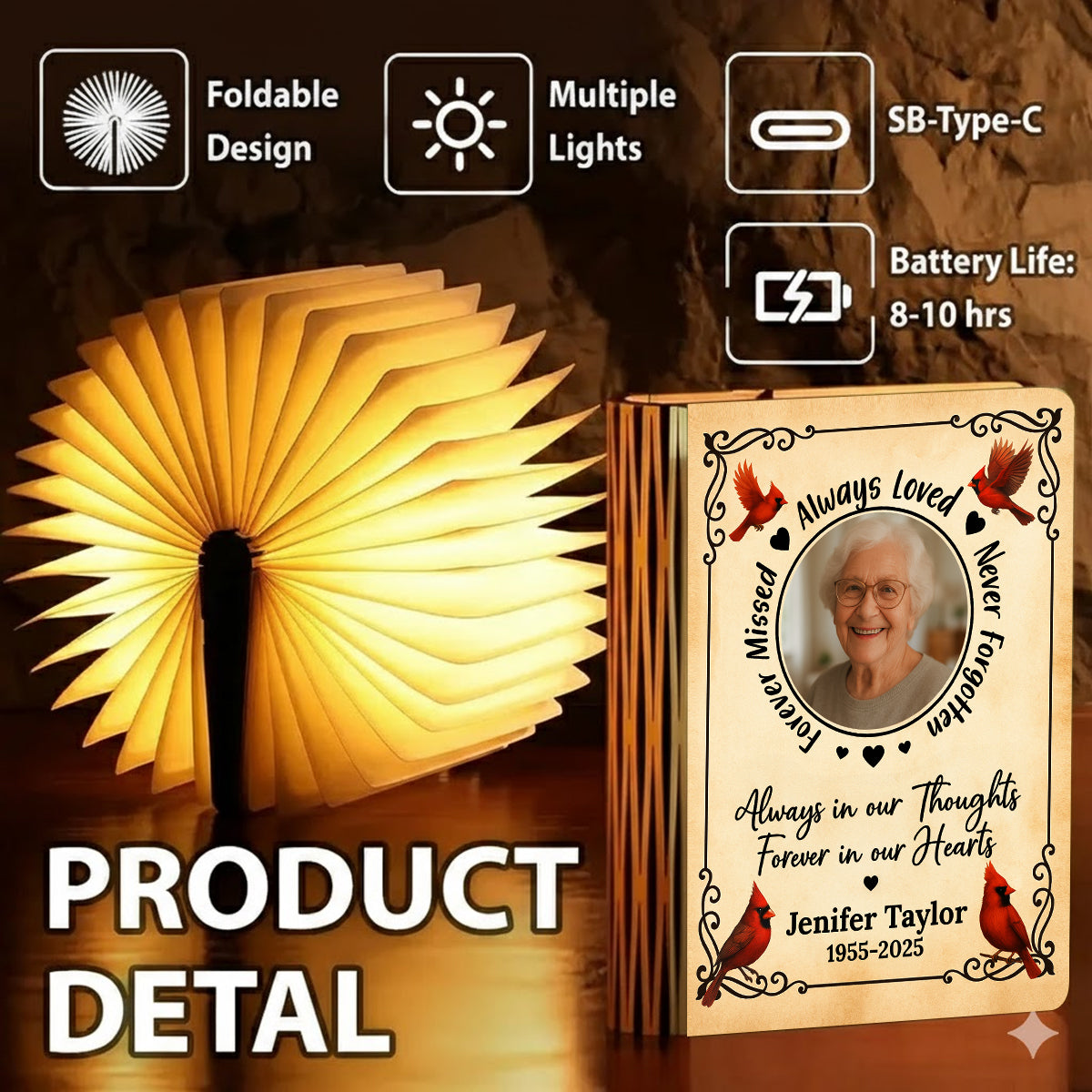 Personalized Memorial Book Lamp - "Always Loved, Never Forgotten" with custom photo.