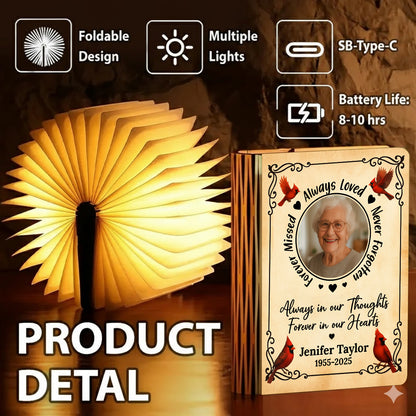 Personalized Memorial Book Lamp - "Always Loved, Never Forgotten" with custom photo.