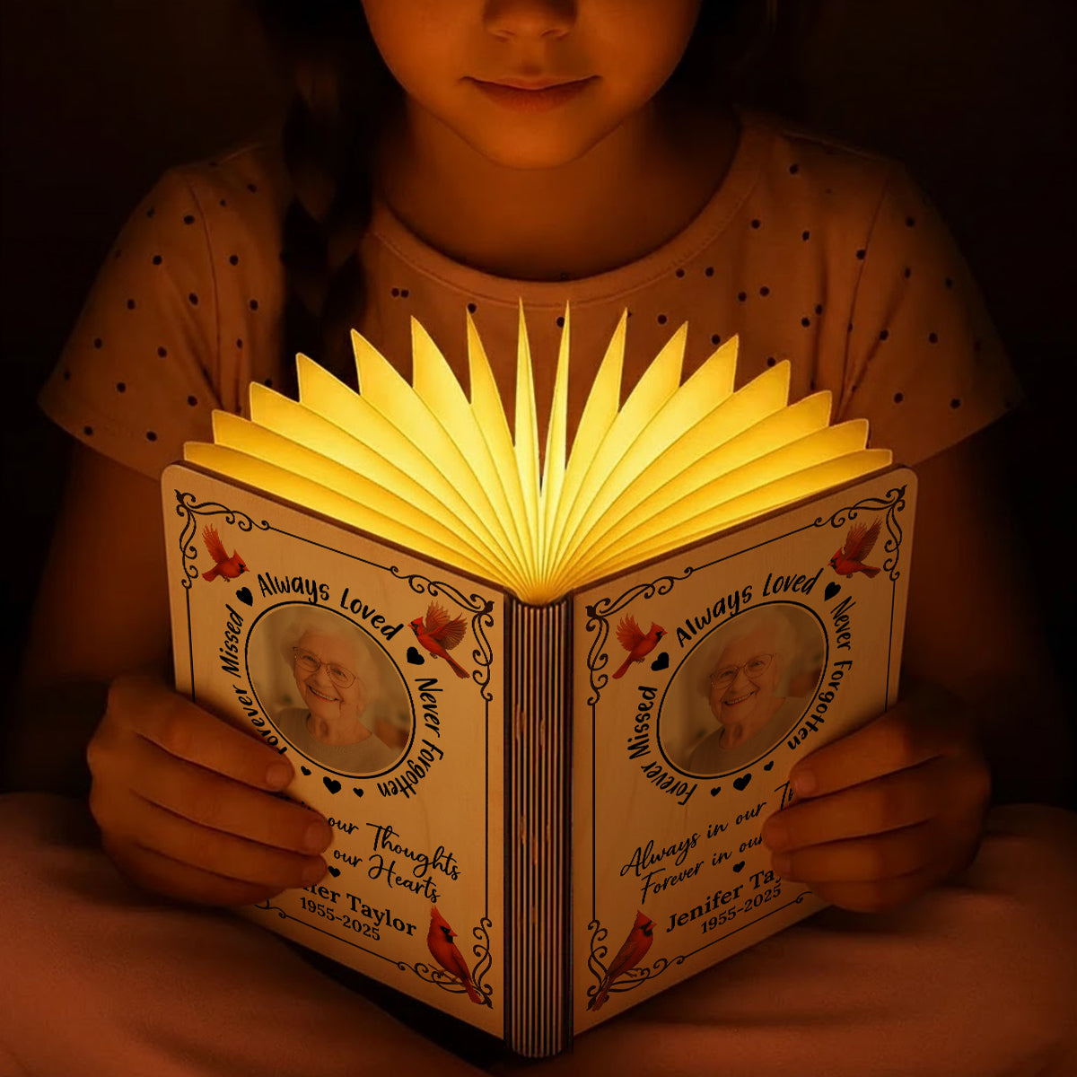Personalized Memorial Book Lamp - "Always Loved, Never Forgotten" with custom photo.