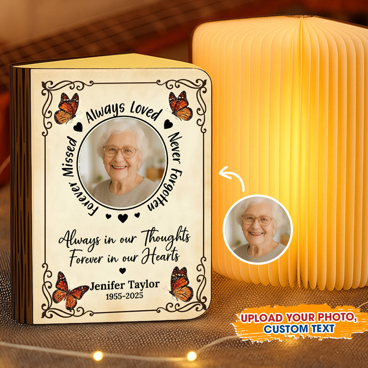 Personalized Memorial Book Lamp - "Always Loved, Never Forgotten" with custom photo.