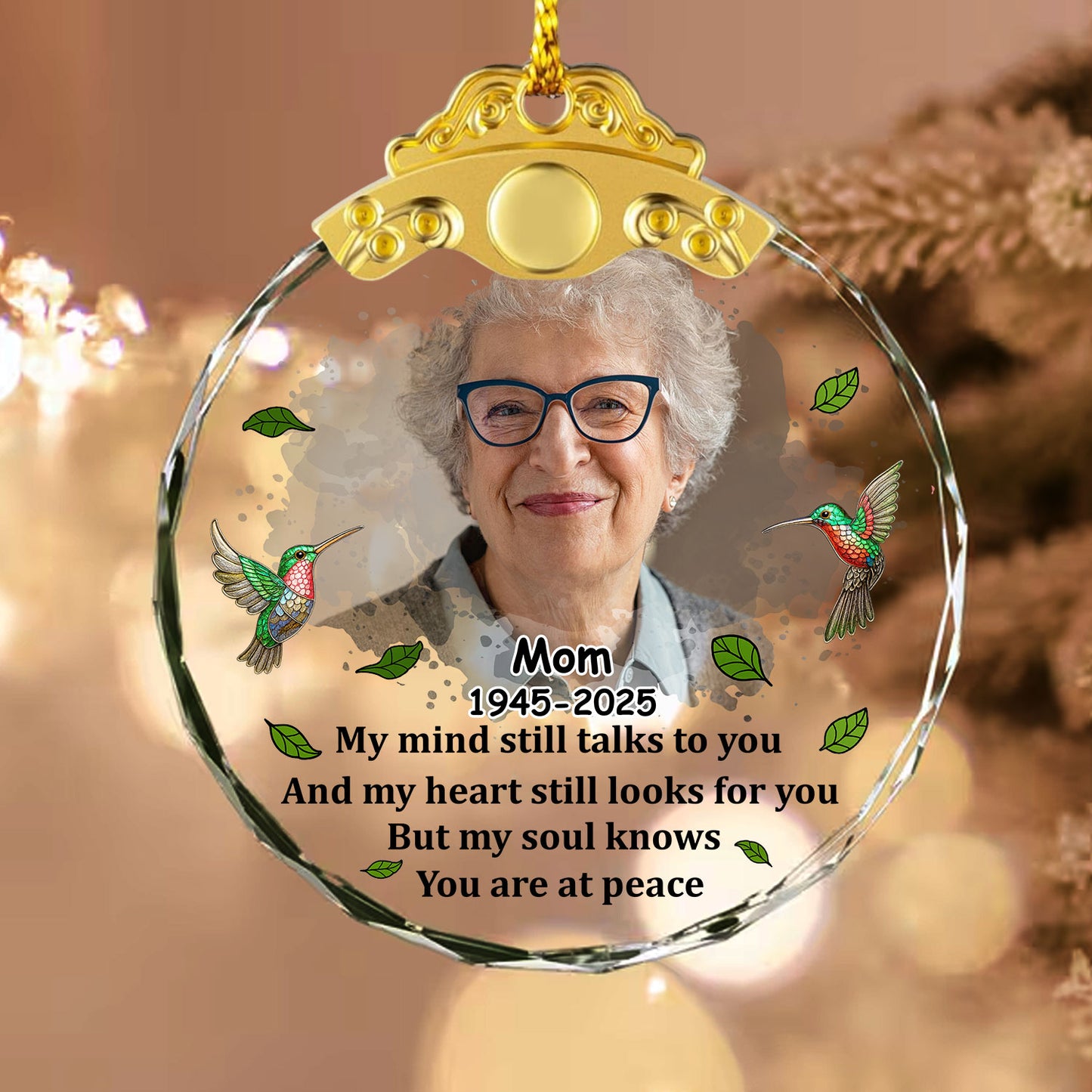 Custom photo memorial ornament: Personalized glass ornament with "My Mind Still Talks to You" message.