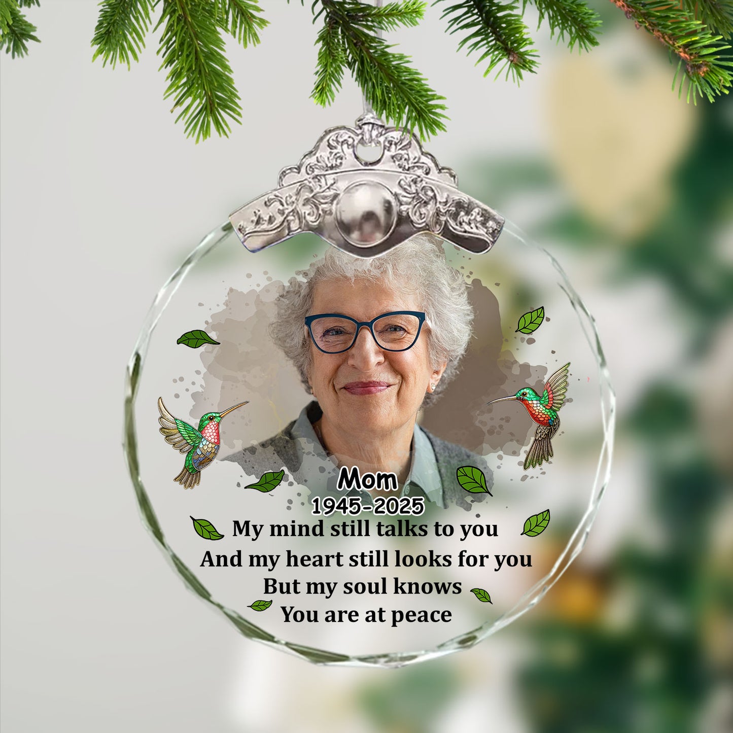 Custom photo memorial ornament: Personalized glass ornament with "My Mind Still Talks to You" message.