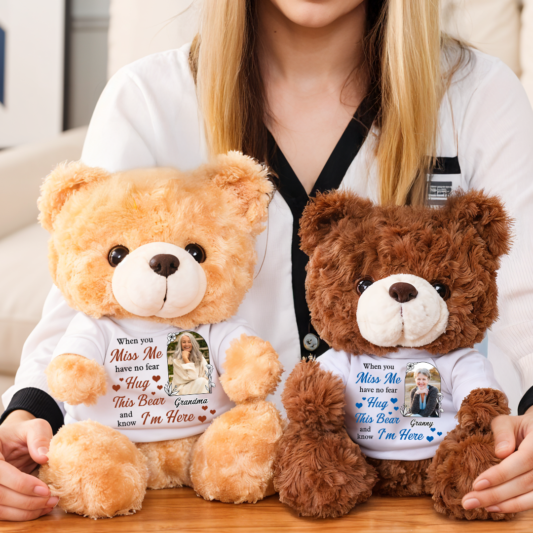 Custom photo memorial teddy bear, a personalized sympathy gift.