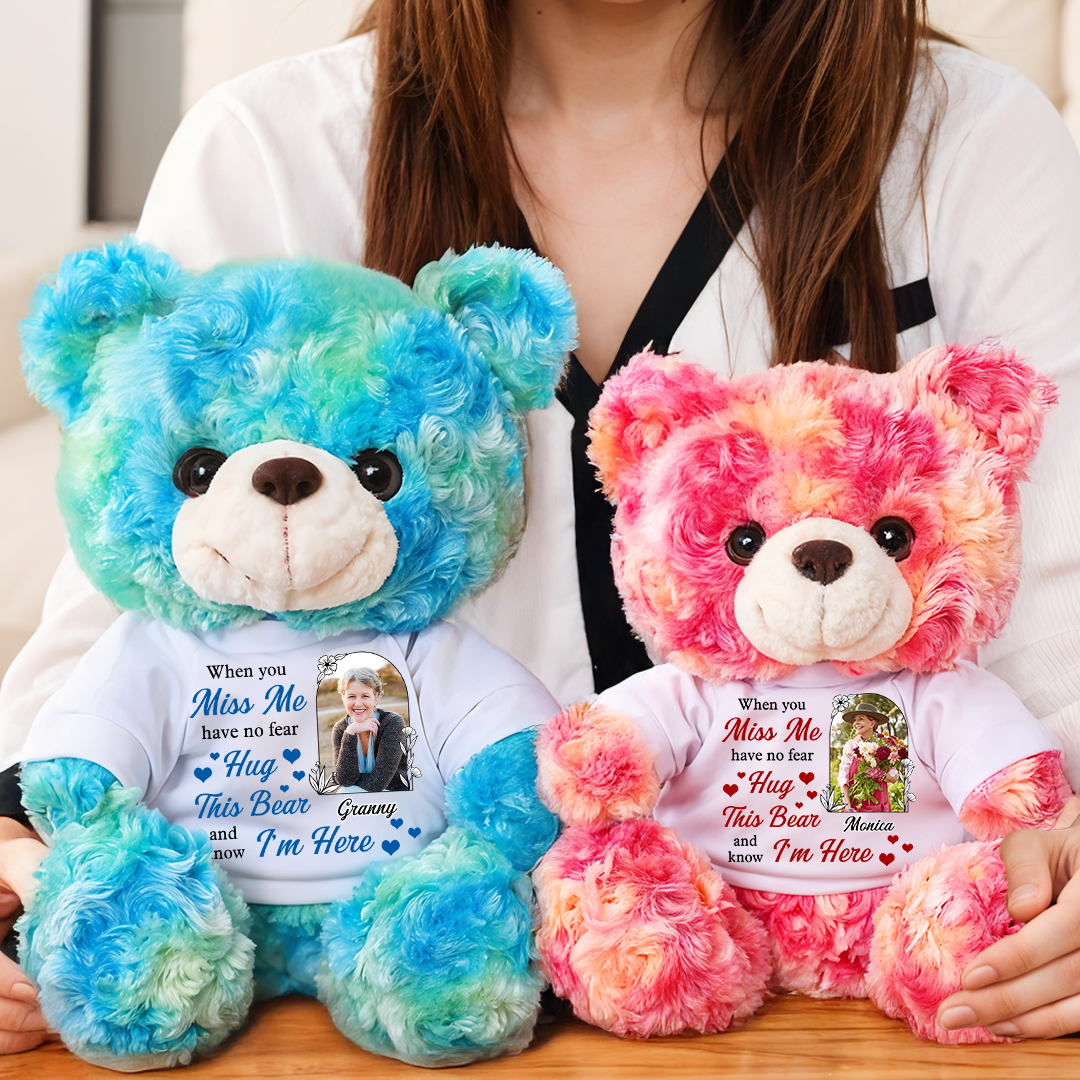 Custom photo memorial teddy bear, a personalized sympathy gift.