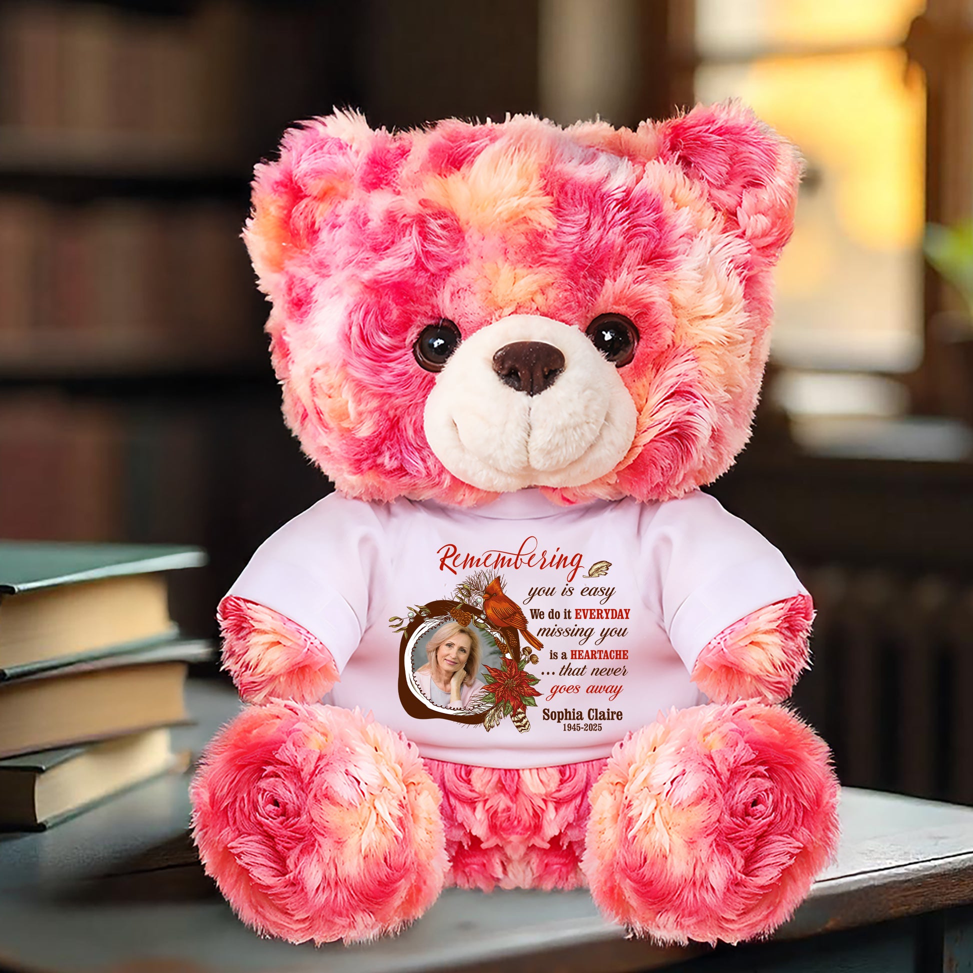 Personalized memorial teddy bear with custom photo, a comforting keepsake for remembering loved ones.