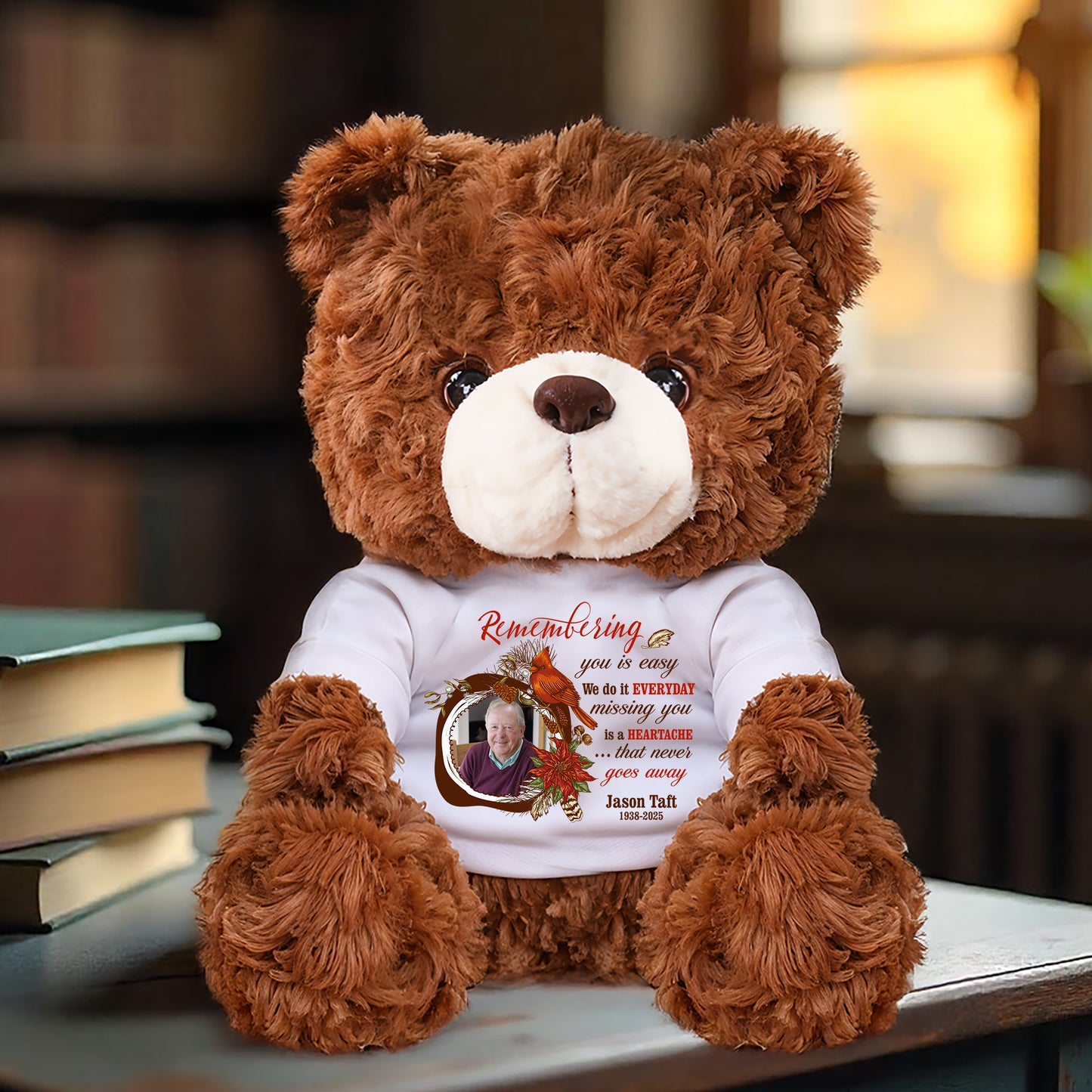 Personalized memorial teddy bear with custom photo, a comforting keepsake for remembering loved ones.