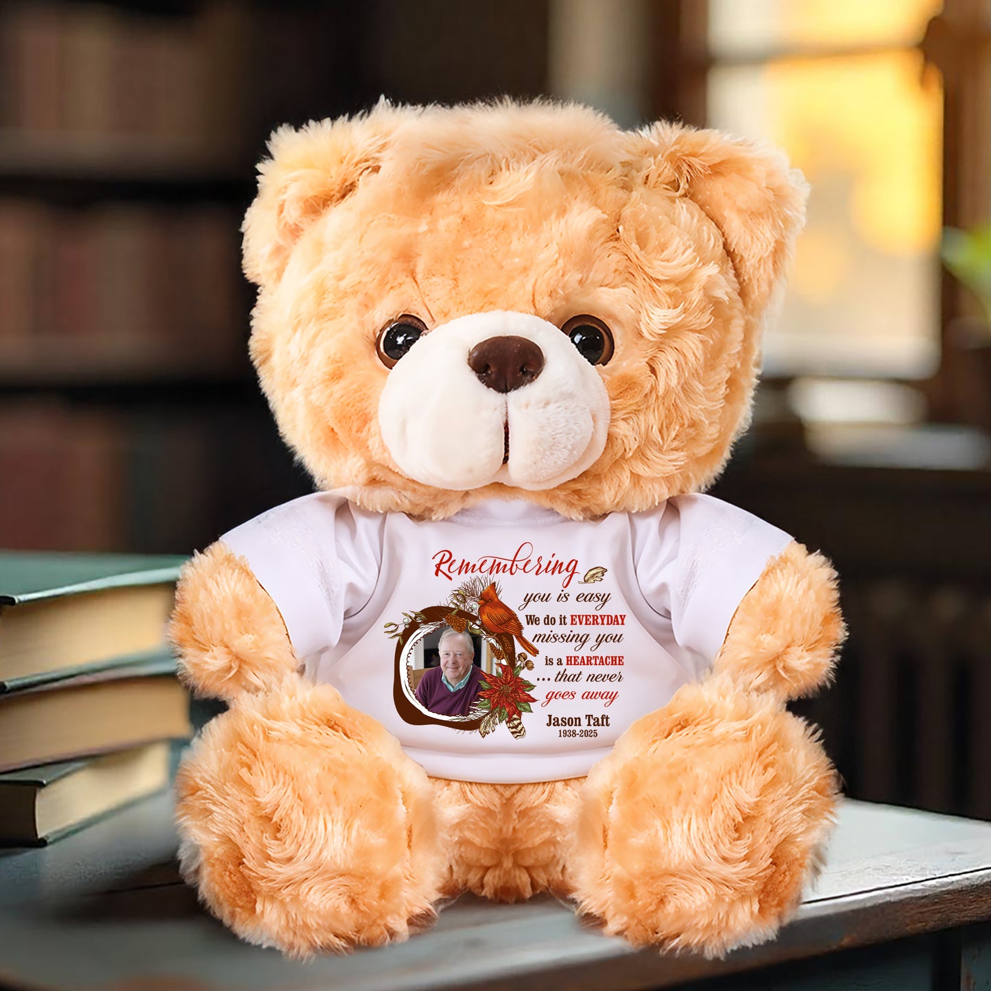Personalized memorial teddy bear with custom photo, a comforting keepsake for remembering loved ones.