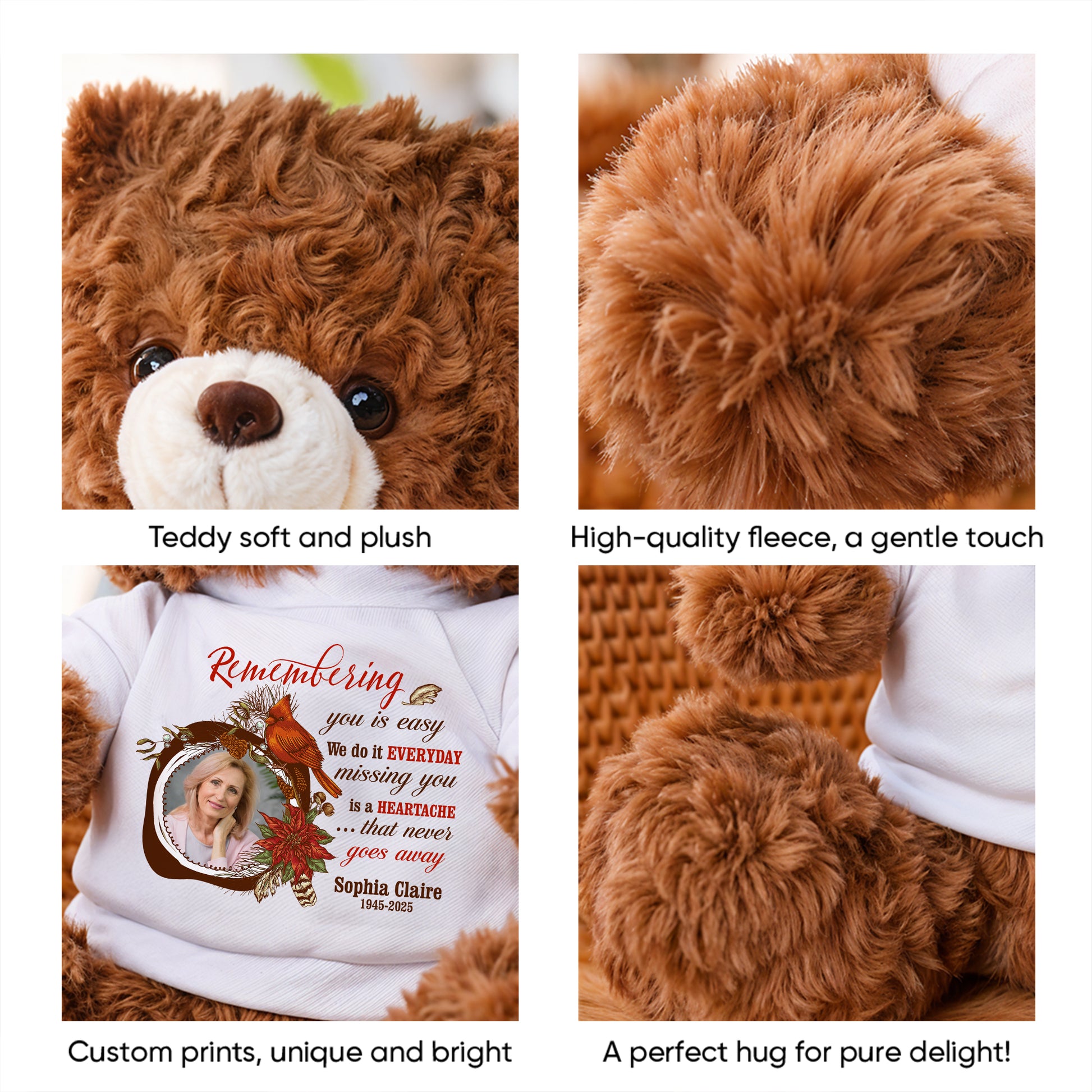 Personalized memorial teddy bear with custom photo, a comforting keepsake for remembering loved ones.