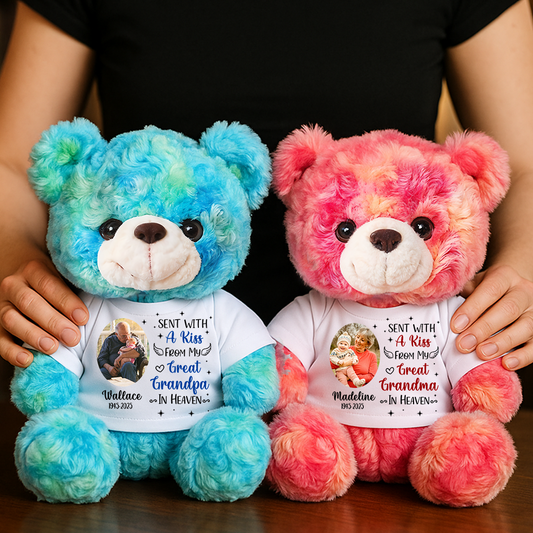 Custom photo memorial teddy bear with "Sent with a Kiss" message. A personalized plush for remembrance.