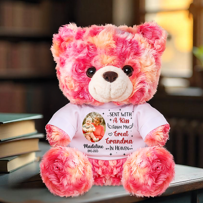 Custom photo memorial teddy bear with "Sent with a Kiss" message. A personalized plush for remembrance.