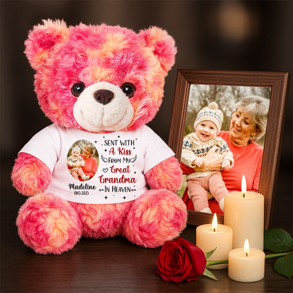 Custom photo memorial teddy bear with "Sent with a Kiss" message. A personalized plush for remembrance.