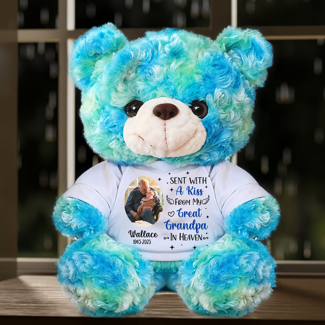 Custom photo memorial teddy bear with "Sent with a Kiss" message. A personalized plush for remembrance.
