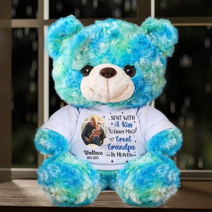 Custom photo memorial teddy bear with "Sent with a Kiss" message. A personalized plush for remembrance.