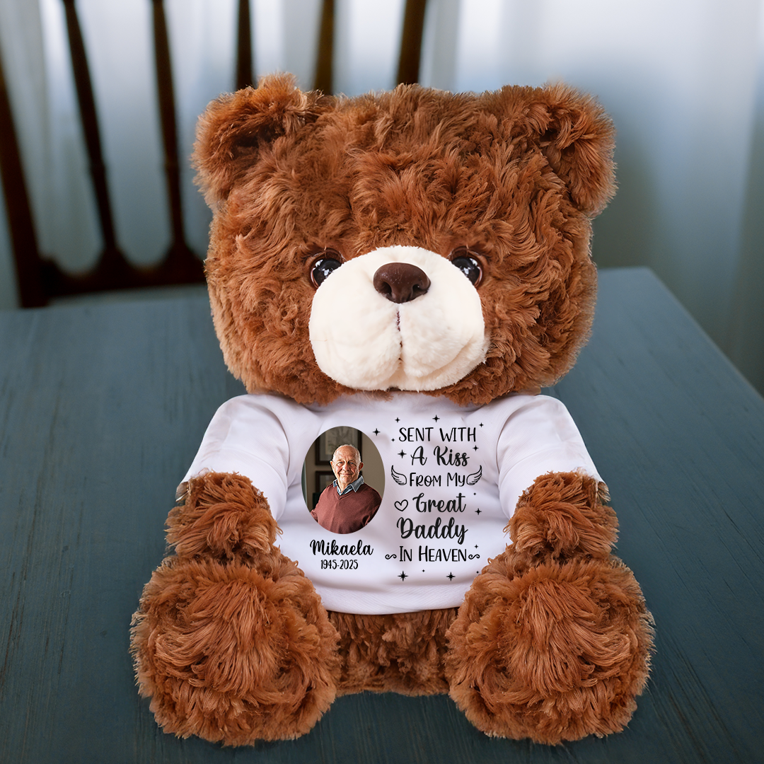 Custom photo memorial teddy bear with "Sent with a Kiss" message. A personalized plush for remembrance.