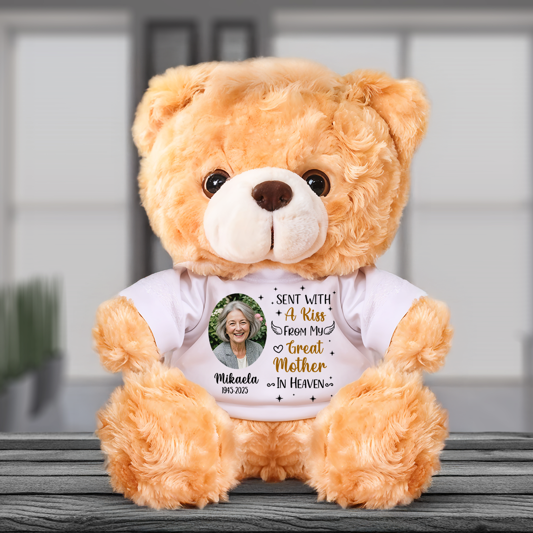Custom photo memorial teddy bear with "Sent with a Kiss" message. A personalized plush for remembrance.
