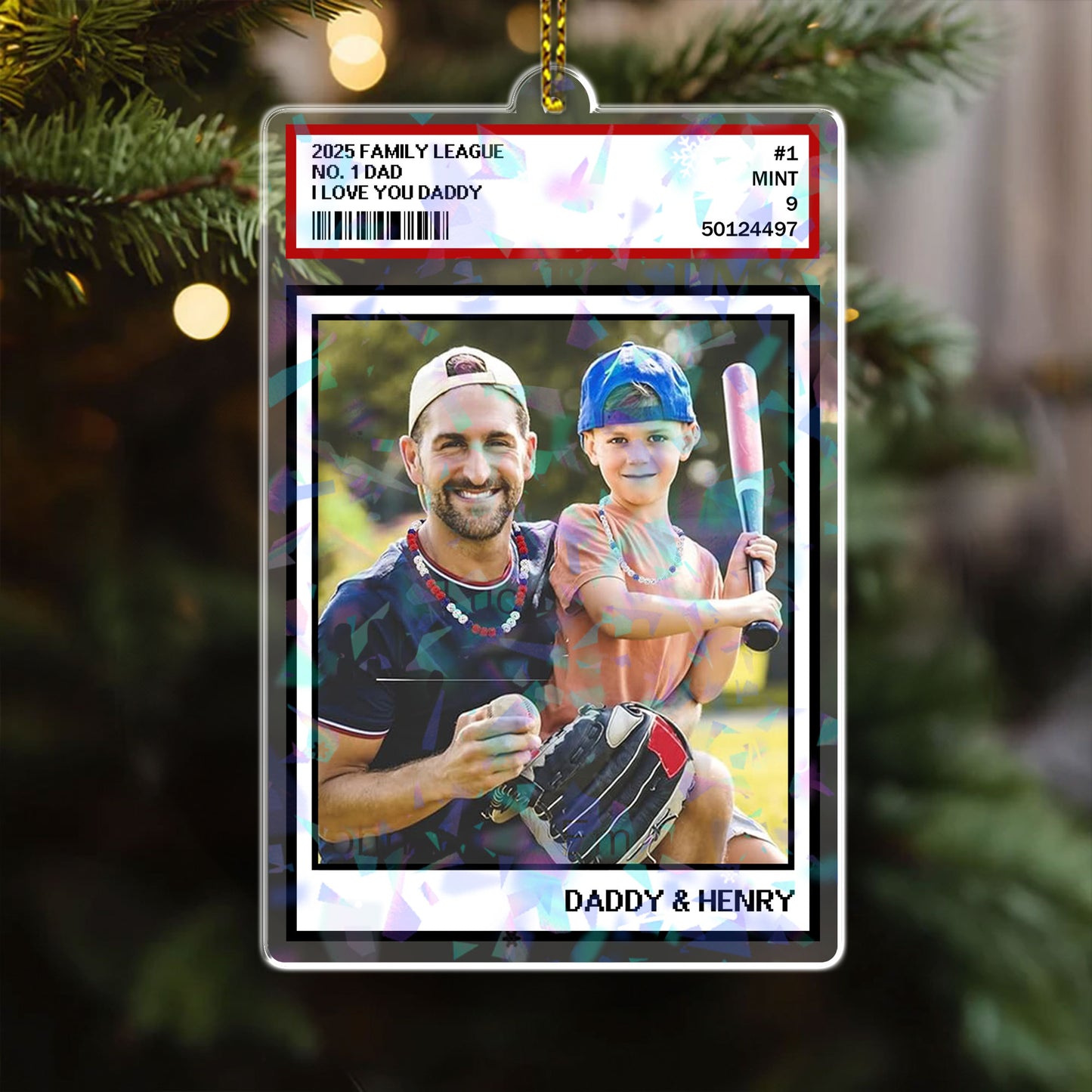 Custom Photo "No. 1 Dad" Hologram Ornament. Unique personalized gift for Father's Day.