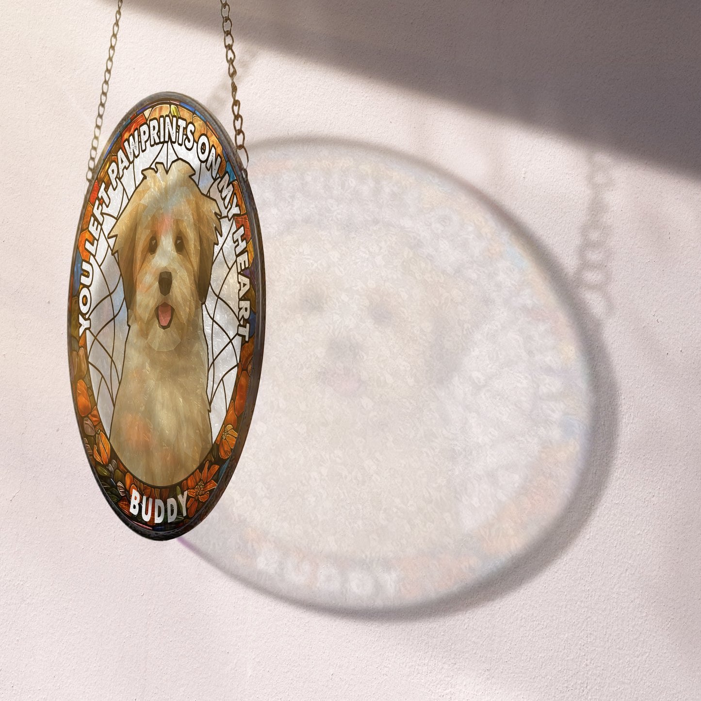 Custom photo stained glass suncatcher with a dog portrait, personalized memorial gift.