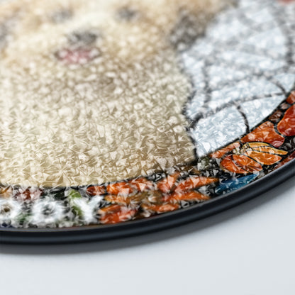 Custom photo stained glass suncatcher with a dog portrait, personalized memorial gift.