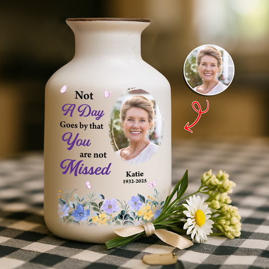 Custom photo flower vase: Elegant white ceramic vase with "Someone We Love Is In Heaven" design.