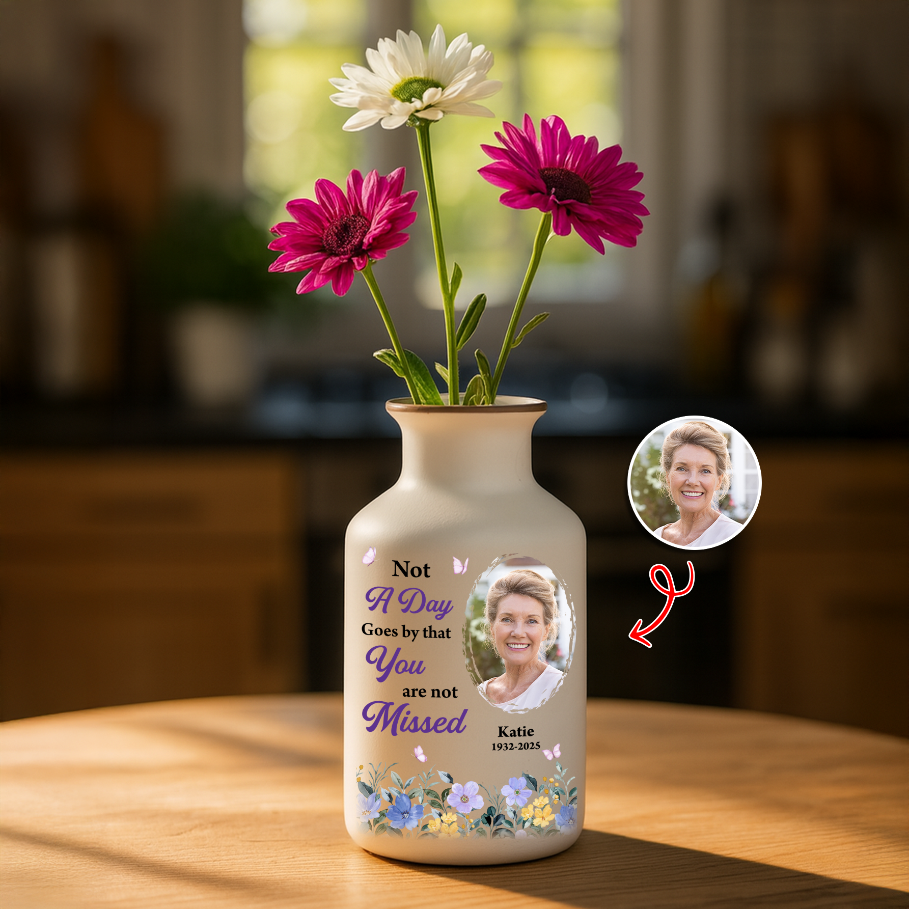 Custom photo flower vase: Elegant white ceramic vase with "Someone We Love Is In Heaven" design.