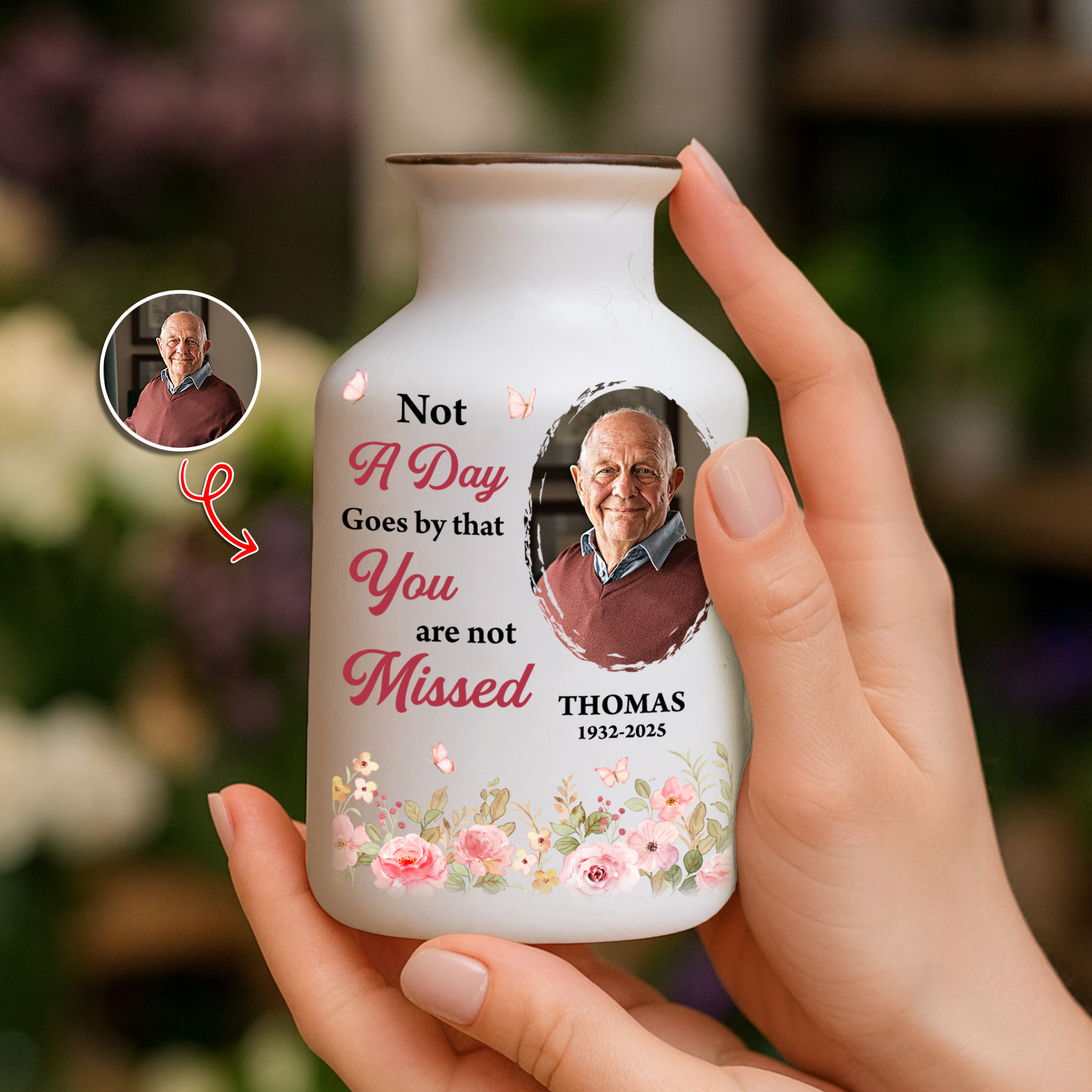 Custom photo flower vase: Elegant white ceramic vase with "Someone We Love Is In Heaven" design.