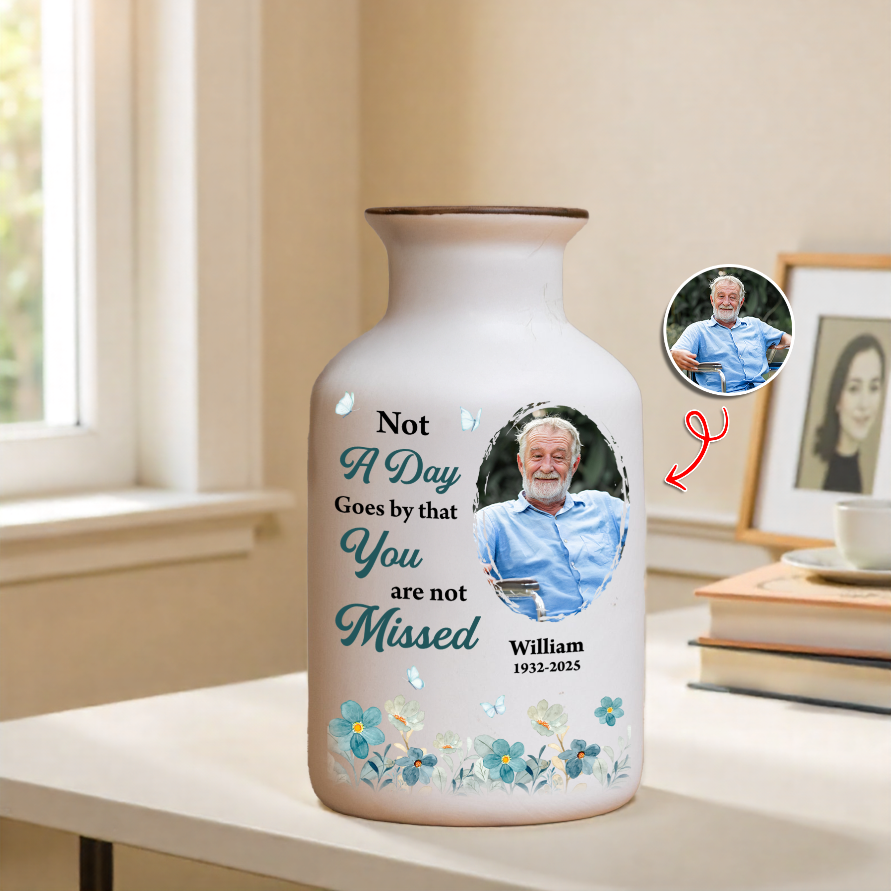 Custom photo flower vase: Elegant white ceramic vase with "Someone We Love Is In Heaven" design.