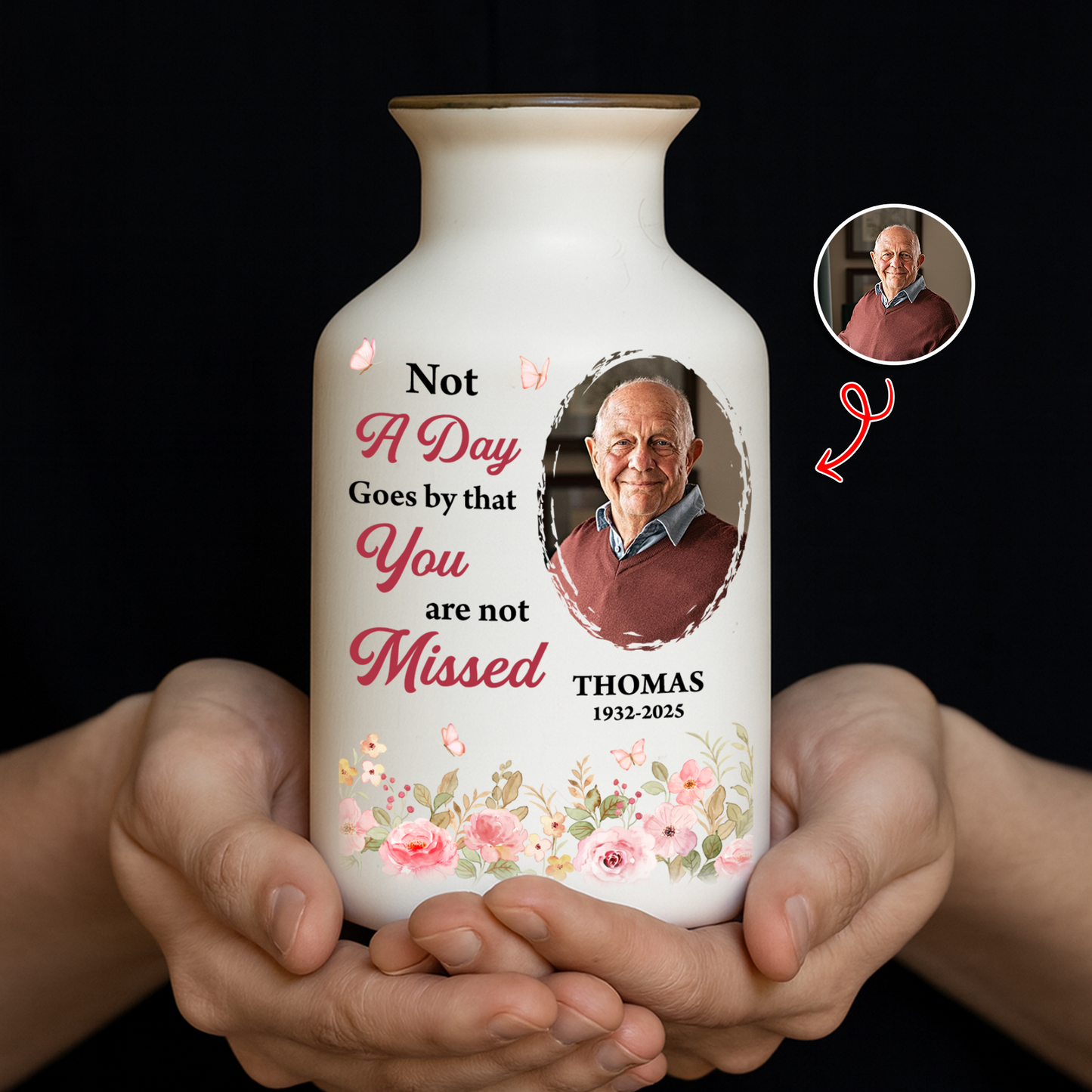 Custom photo flower vase: Elegant white ceramic vase with "Someone We Love Is In Heaven" design.