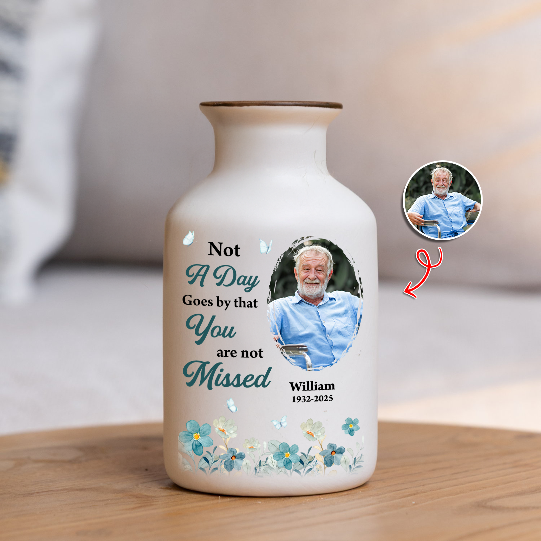 Custom photo flower vase: Elegant white ceramic vase with "Someone We Love Is In Heaven" design.