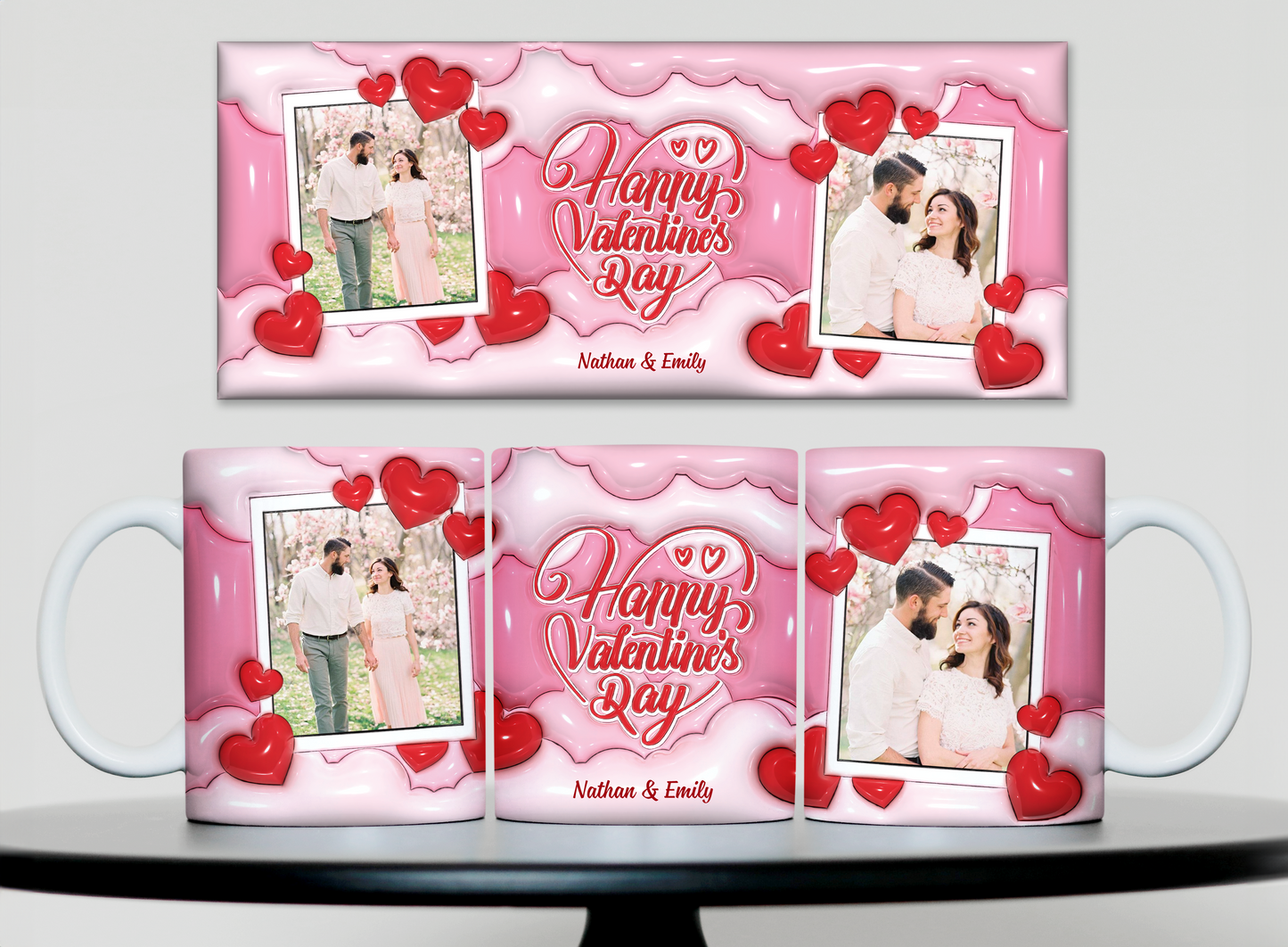 Personalized custom photo Valentine's mug with 3D heart effect. Perfect custom coffee mug for Valentine's Day gift.