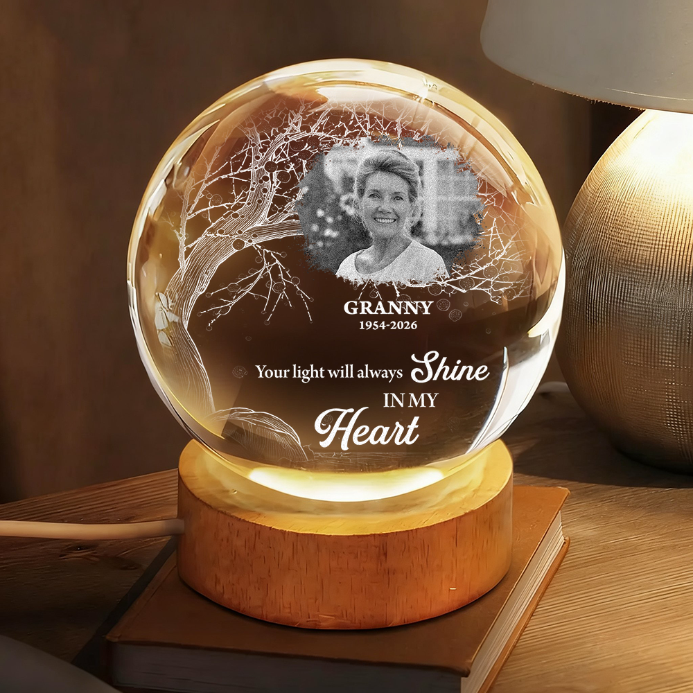 Personalized crystal globe lamp with custom photo, a unique memorial keepsake.