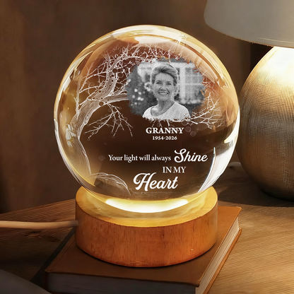 Personalized crystal globe lamp with custom photo, a unique memorial keepsake.