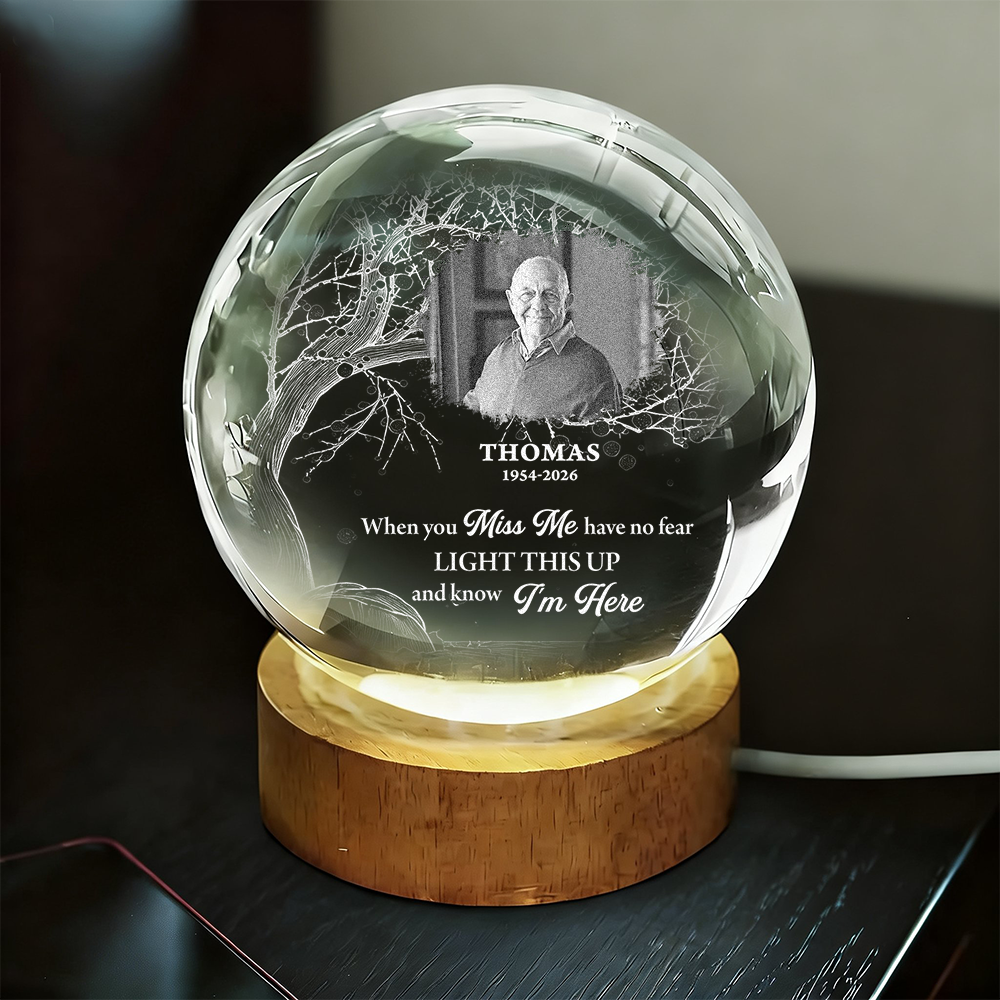 Personalized crystal globe lamp with custom photo, a unique memorial keepsake.
