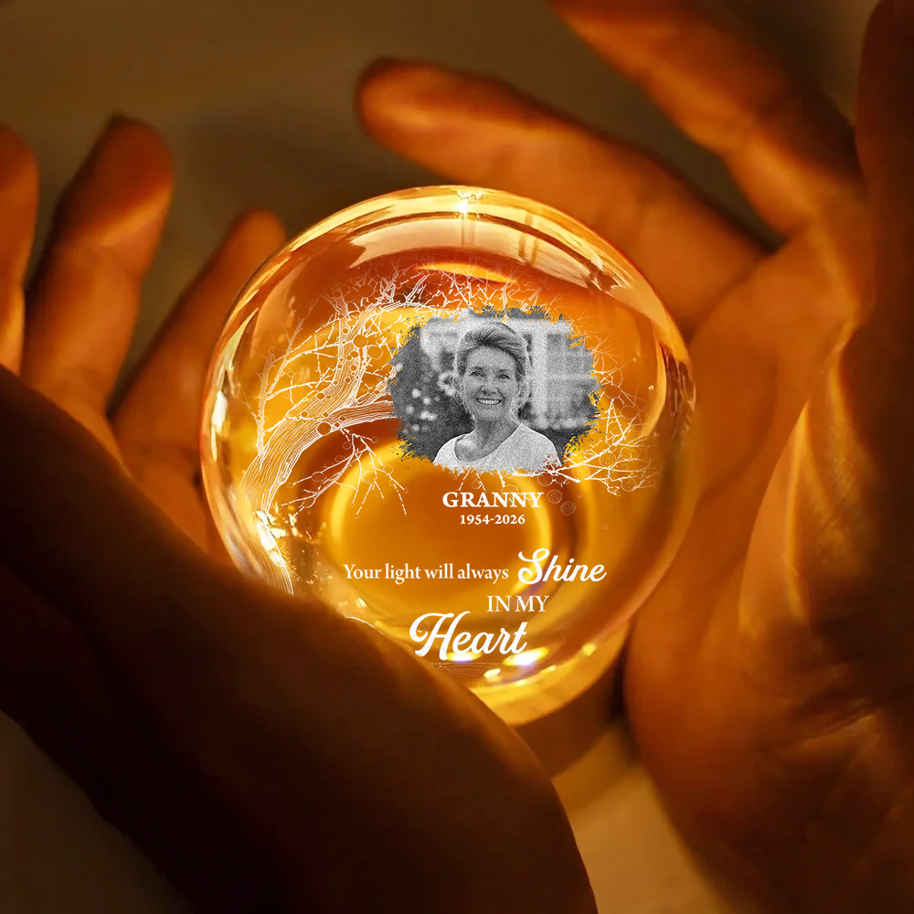 Personalized crystal globe lamp with custom photo, a unique memorial keepsake.