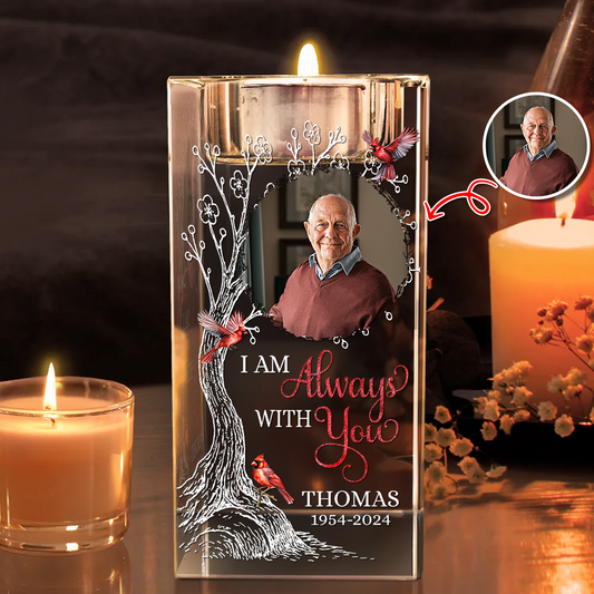 Personalized crystal candle holder memorial with custom photo and "Your life was a blessing" engraving.