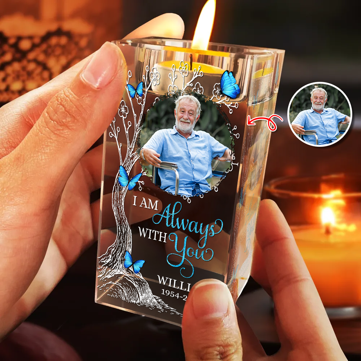 Personalized crystal candle holder memorial with custom photo and "Your life was a blessing" engraving.