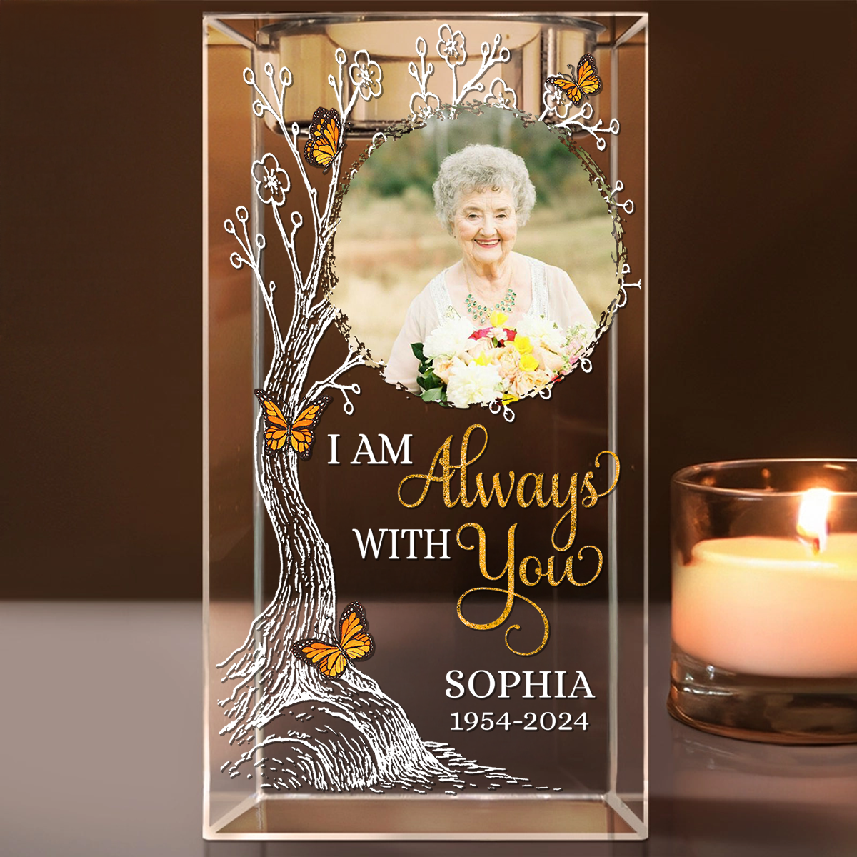 Personalized crystal candle holder memorial with custom photo and "Your life was a blessing" engraving.