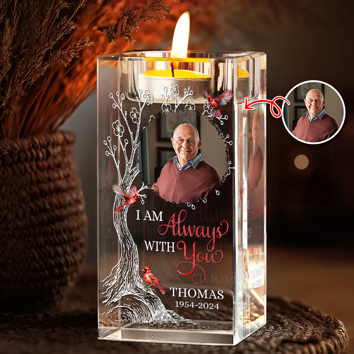 Personalized crystal candle holder memorial with custom photo and "Your life was a blessing" engraving.