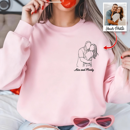 Custom picture embroidered crewneck sweatshirt, featuring a personalized photo design.