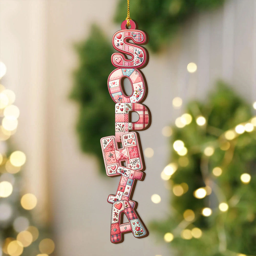 Custom Pink Letter Wood Christmas Ornament, two-layered and shaped.