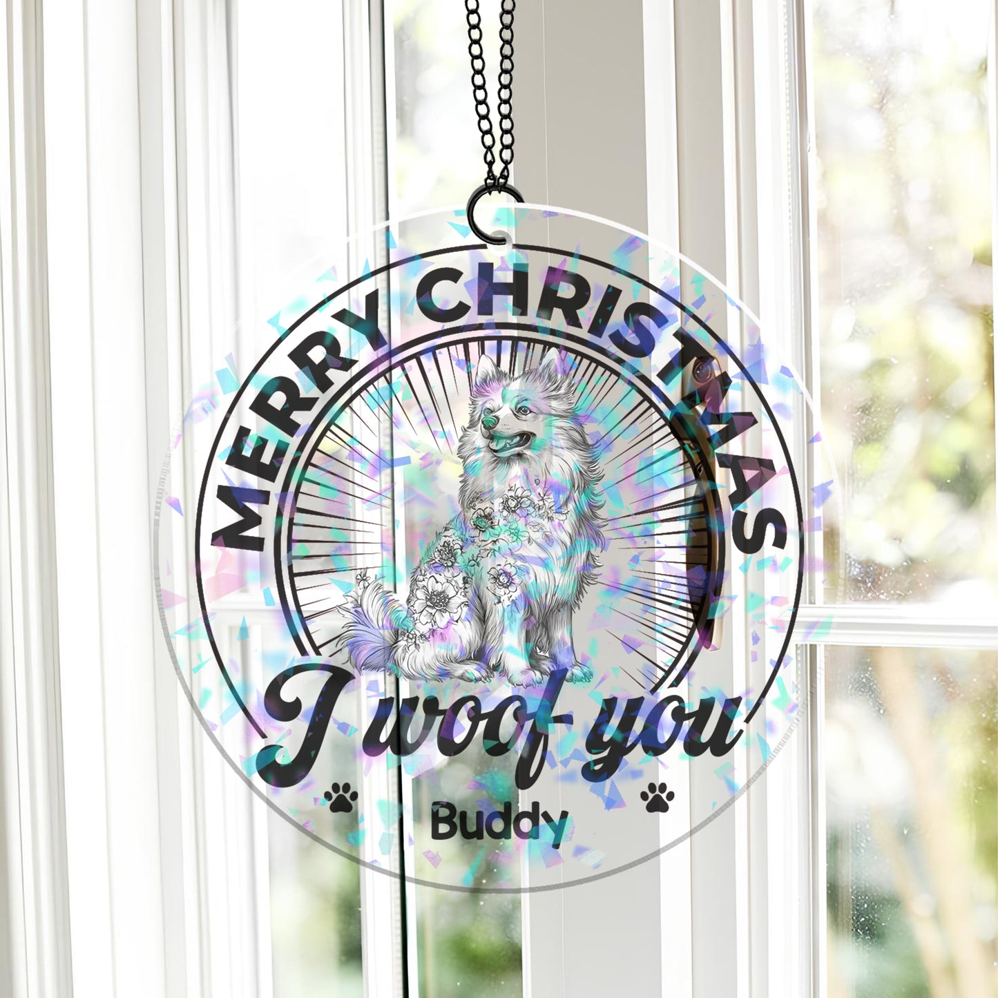 Custom shape hologram ornament shimmering with rainbow colors.
