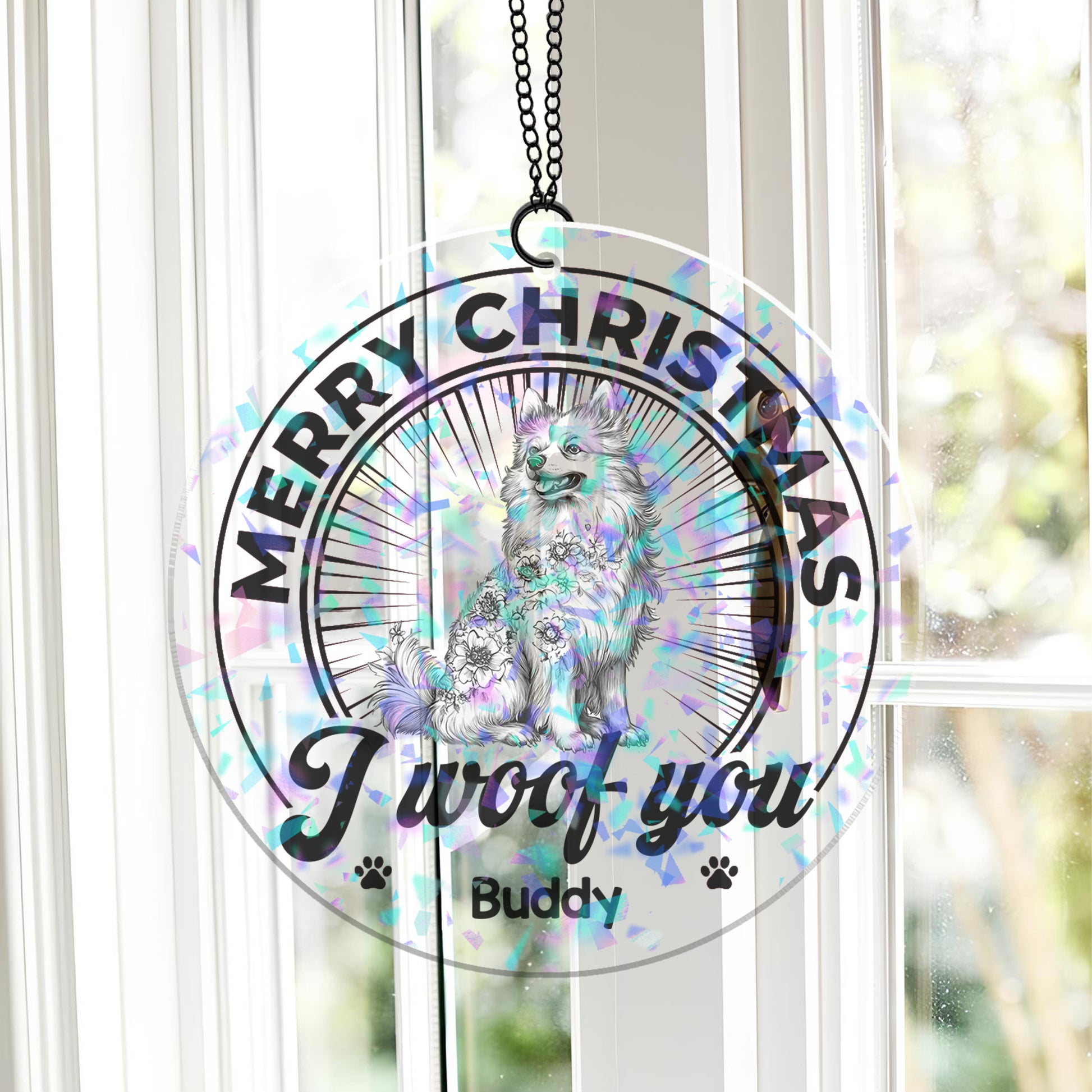 Custom shape hologram ornament shimmering with rainbow colors.
