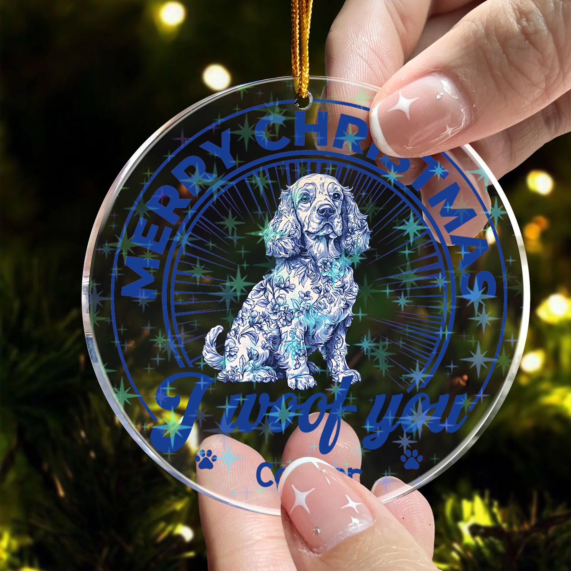 Custom shape hologram ornament shimmering with rainbow colors.