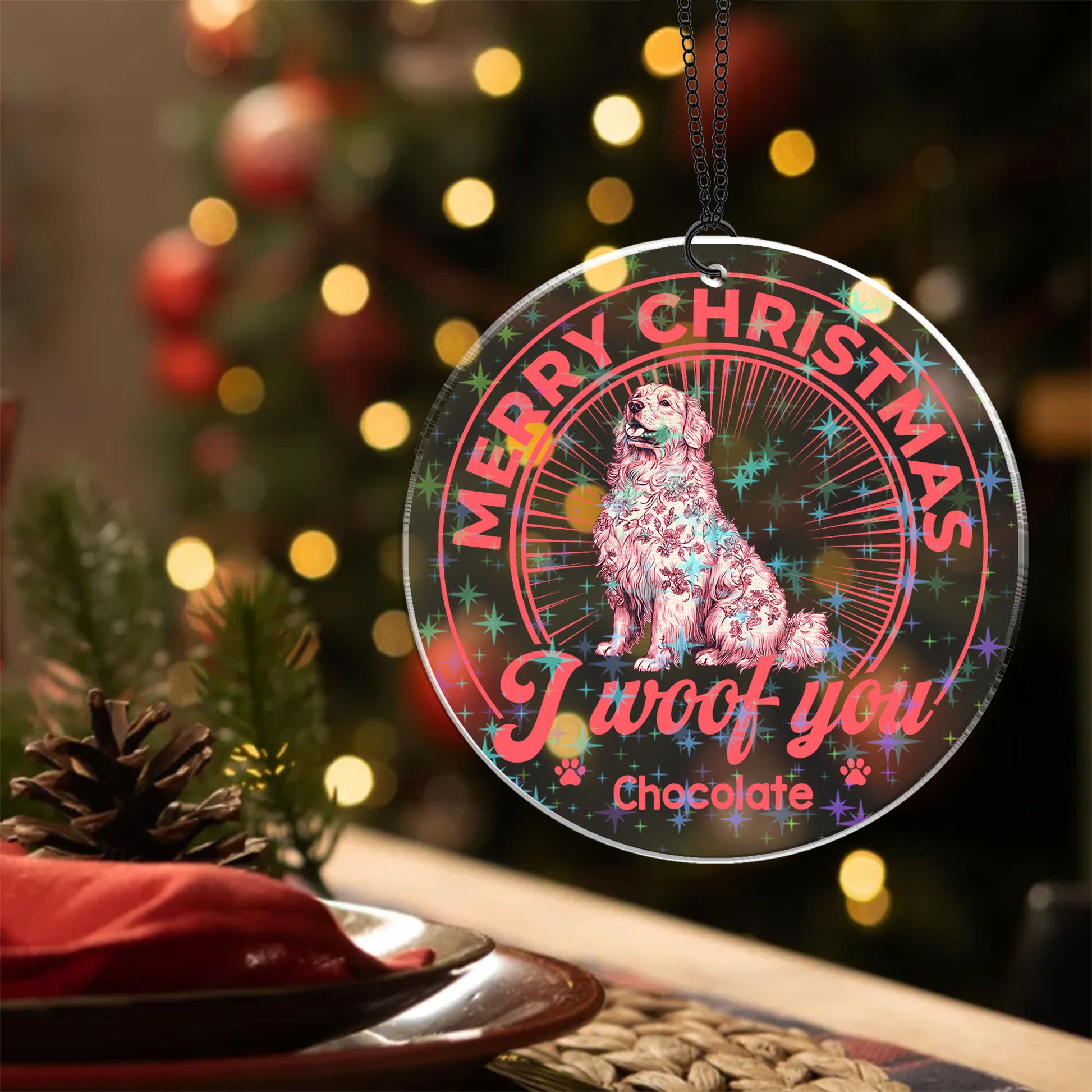 Custom shape hologram ornament shimmering with rainbow colors.