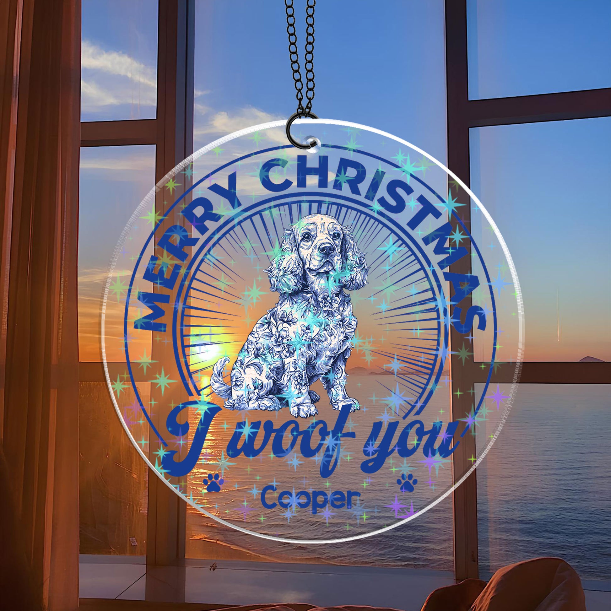 Custom shape hologram ornament shimmering with rainbow colors.