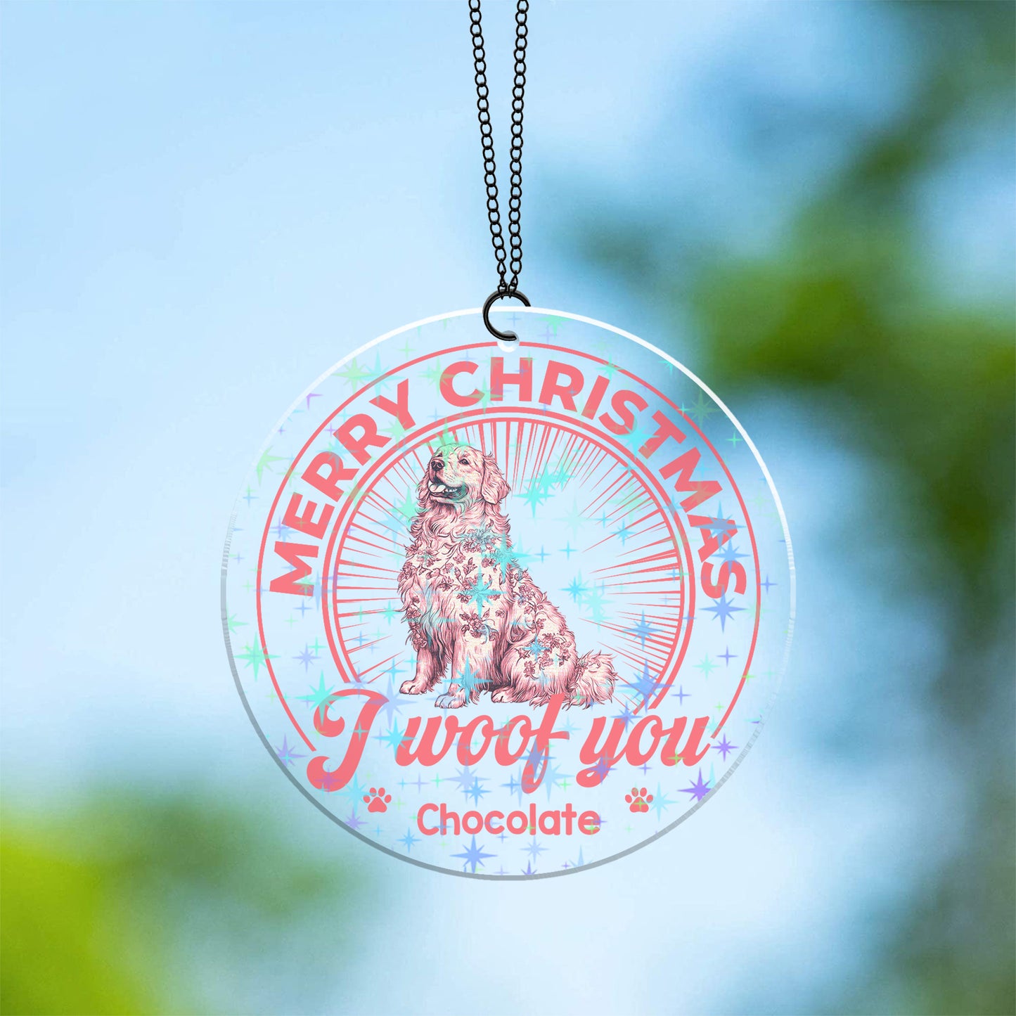 Custom shape hologram ornament shimmering with rainbow colors.