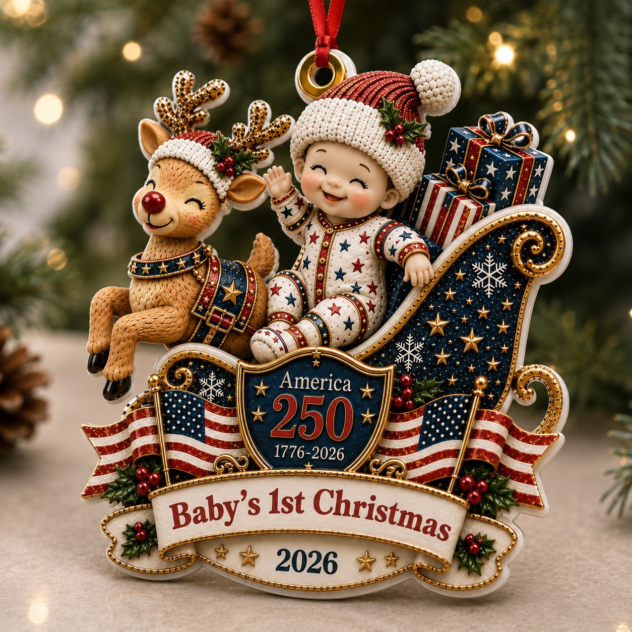 Baby's 1st Christmas In Sleigh America 250th Anniversary - Real 3D Relief Ornament