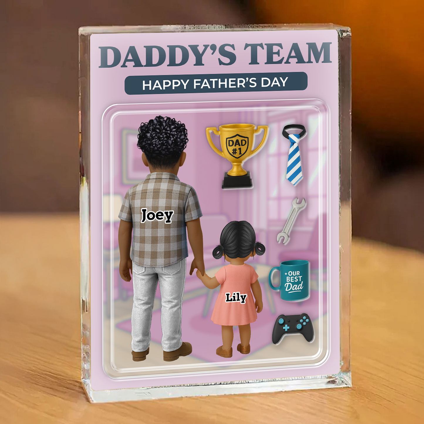 Daddy's Team Style Custom Figure Acrylic Block Plaque - Personalized family gift.